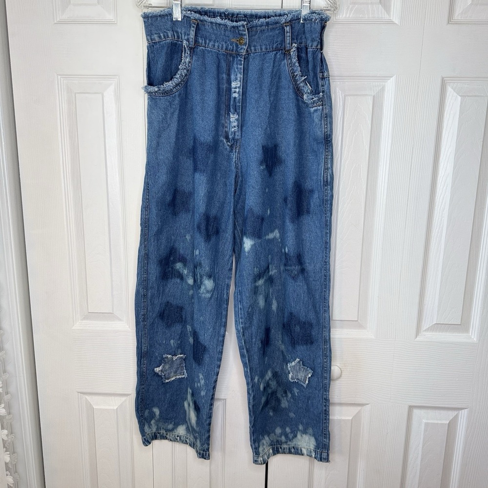 Paper Lace‎ Star Print Jeans Medium Distressed Wide Leg High Rise Bleach Denim